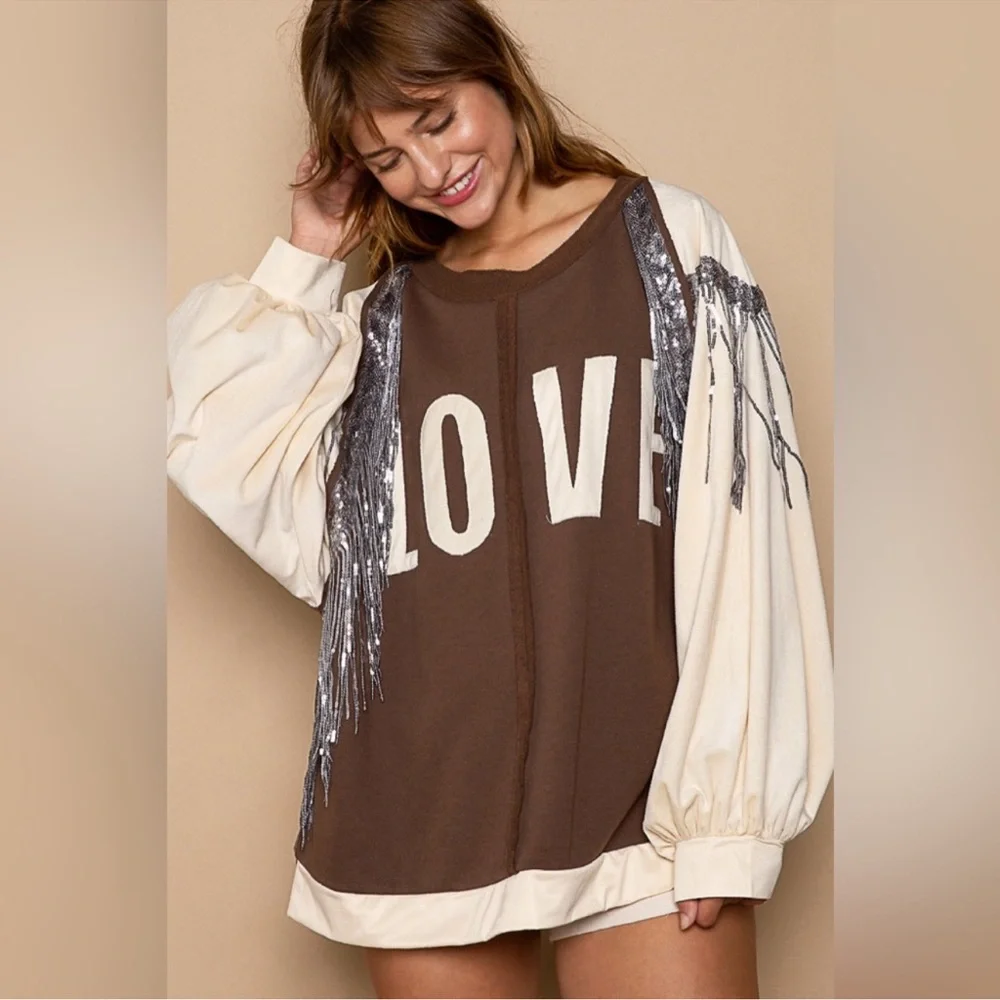 POL Brown & Ivory LOVE Sequin Fringe Statement Top - Picture 2 of 8